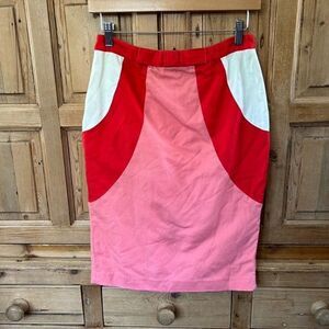Boden 4 Regular Pencil Skirt Red Pink White Fitted Colorblock Linen‎ Blend Bow